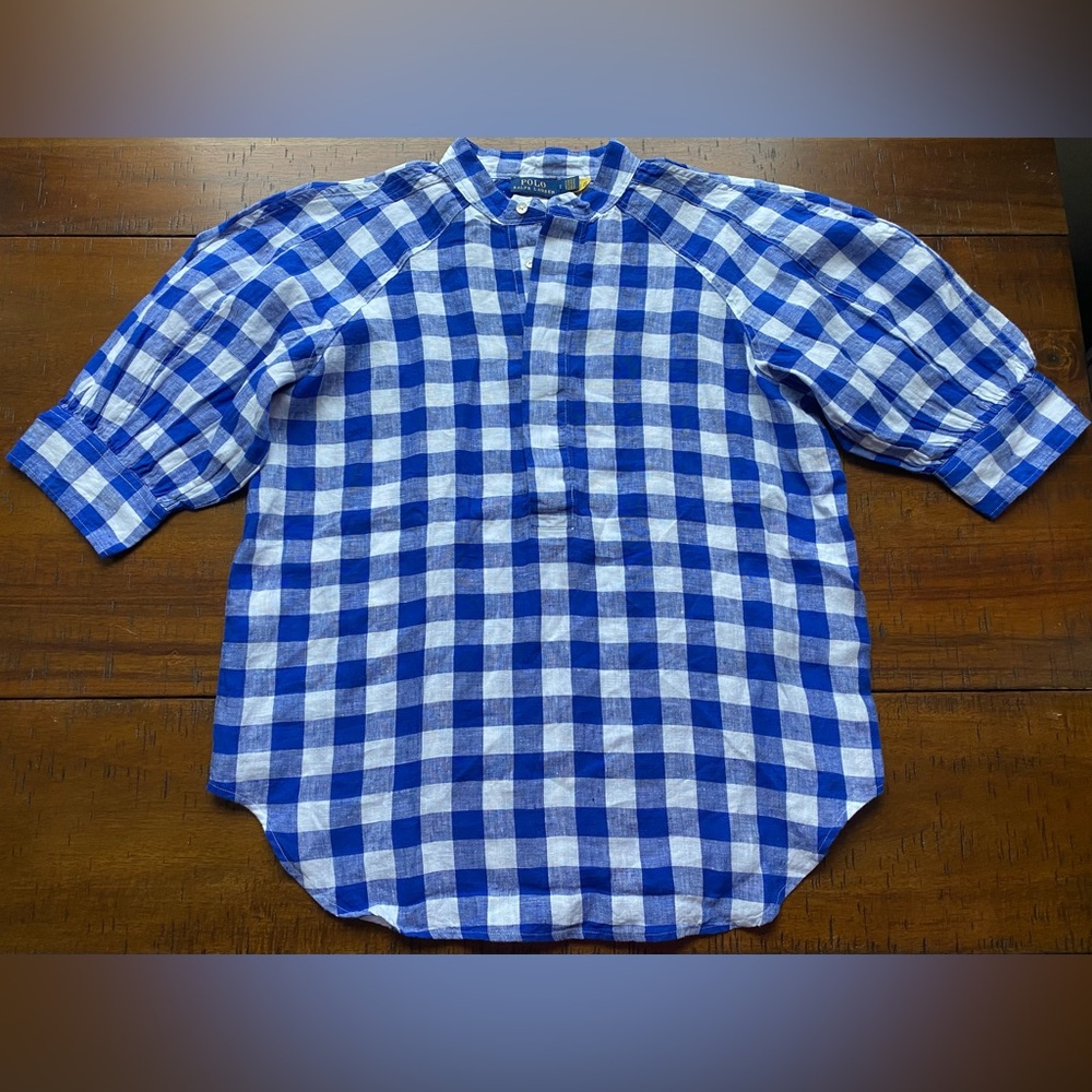 🇺🇸•NWT•Polo Ralph Lauren Cici Puff Sleeve Summer Plaid Gingham Linen Blouse